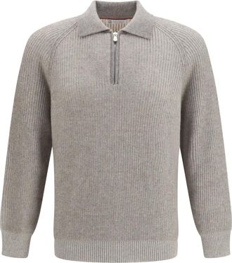 Brunello Cucinelli Maglione Polo in Maglia Milano con Zip - - Knitwear - Uomo - Beige - M