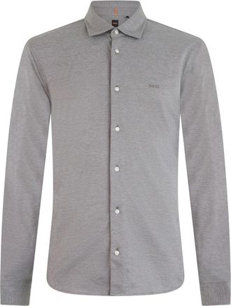HUGO BOSS Slim-fit overhemd in gem&ecirc;leerd katoenen jersey - Heren - Casual Overhemden - Grijs - S - Katoen - Overhemden