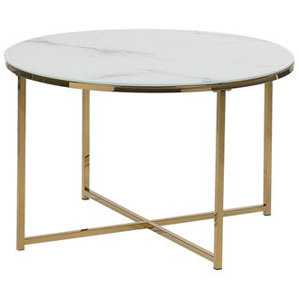 Beliani Mesa De Centro Efecto M&aacute;rmol De Vidrio Templado Blanco Dorado 70 Cm Quincy