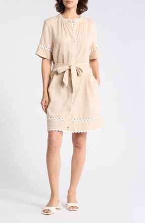 Ellen Tracy Rickrack Trim Short Sleeve Shirtdress in Linen at Nordstrom Rack, Size X-Small