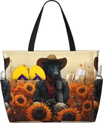 Generic Cowboy Horse Print Large Beach Bag Foldable Travel Shoulder Tote Bag With Pocket For Weekender Pool Vacation
