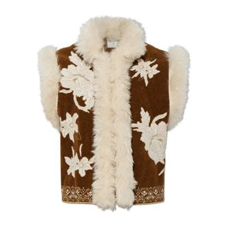 Forte_Forte Vest met Botanisch Motief - Dames - Jassen - Bruin - Maat: M Katoen