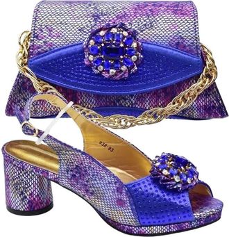 Generic Shoes and Bags Set Decorated with Rhinestone Heel Party for Women Wedding Shoes with Bag Blue