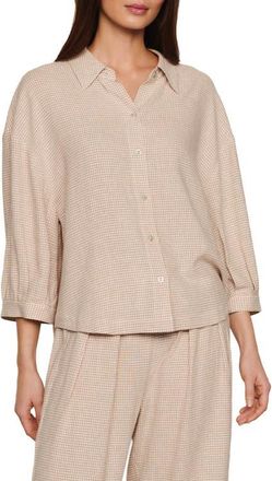 Eberjey Relaxed Linen Blend Button-Up Sleep Shirt in Gingham White/Warm Taupe at Nordstrom, Size X-Large
