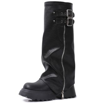 Generic Womens Fold Over Knee High Boots 8cm Platform Chunky High Heels Mid-Calf Gothic Boots Slouch Boots Metallic Boots(Black1,2.5)