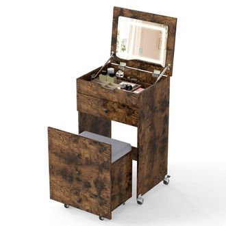 Costway Costway 3-in-1 Vanity Desk Set w/Mirror & Lights Makeup Table w/Drawers &Stool in Brown