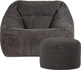 Icon Brand Corduroy Bean Bag Armchair & Round Beanbag Footstool in Charcoal