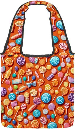 Generic Orange Candy Pattern Reversible Canvas Shoulder Tote - Double-Sided Print, 12oz Cotton, 27cm Drop, Fold-Flat Bag for Travel, Shopping, Street Outings