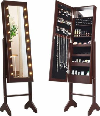 Costway Costway - Portagioie Armadietto Specchiera con 18 Luci led, Specchio a Figura Intera, Organizer per Gioielli Moderno Elegante, 145x35x31,5cm (Marrone)
