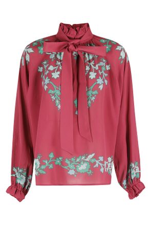 La DoubleJ Burgundy Cerere High-Necked Ribbon-Draped Viscose Blouse