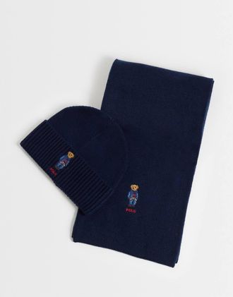 Polo Ralph Lauren set regalo con sciarpa e berretto con stampa orso blu navy