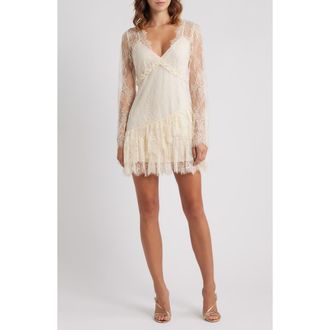 LoveShackFancy Seelie Eyelash Lace Long Sleeve Minidress in Ivory at Nordstrom, Size 12