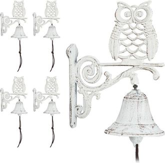 Relaxdays 5 Campanas Pared Hierro Fundido B&uacute;ho, Efecto Antiguo, Cuerda, Para Exterior, Decoraci&oacute;n Jard&iacute;n, Blanco