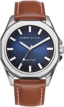 Perry Ellis Solar Leather Strap Watch, 41mm in Silver at Nordstrom Rack