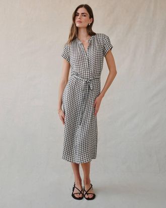Bella Dahl Cap Sleeve Midi Shirt Dress In Ivory Check Plaid