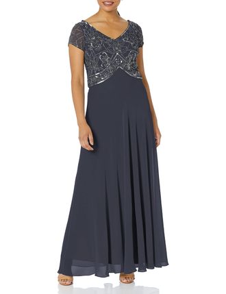 J Kara Womens Cap V-Neck Beaded Dress Special Occasion, Gray, 14 Petite