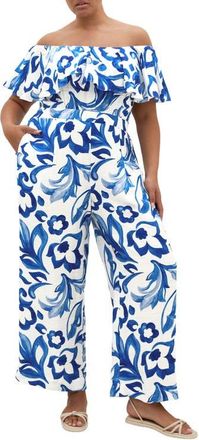City Chic Off the Shoulder Floral Print Jumpsuit in Mykonos at Nordstrom, Size Xxl