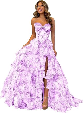 Generic Tulle Floral Print Prom Dress Long Slit Corset Tiered Formal Dress Strapless Sweetheart Evening Gown with Pockets Floral Lilac 4XL