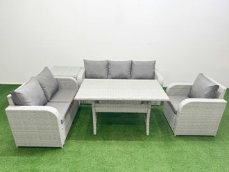 Fimous Patio PE Wicker 6 Seater Outdoor Rattan Furniture Sofa Sets w/ Rectangular Dining Table Reclining Chair Loveseat Sofa 3 Seater Sofa Side Table