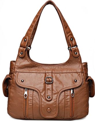Generic ETOYA Punk Studded Top-handle Handbag PU Leather Shopping Bag with Multi Pockets Crossbody Handbg Large Capacity for Work Tra, Brown, Retro