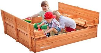 OEM Sandkasten Aus Holz, 132 X 120 X 43 Cm, Sandkasten Mit Klappbaren Sitzb&auml;nken Und Bodeneinlage, Sandkasten Aus Naturholz F&uuml;r Kinder F&uuml;r Den Garten, Str