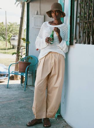 Contemporaine Womens Elastic waist poplin barrel pant Fit: Barrel leg, high rise