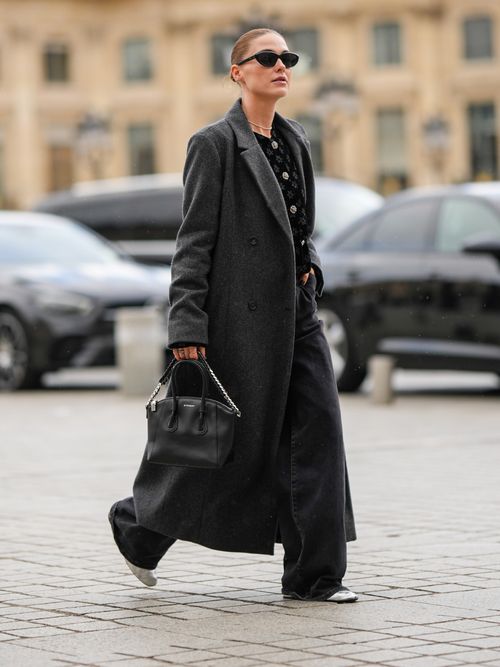 Long black coat with black accessories and an all black outfit