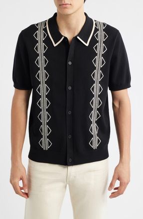 Wax London Tellaro Short Sleeve Retro Embroidered Shirt in Black /Ecru at Nordstrom, Size Xx-Large