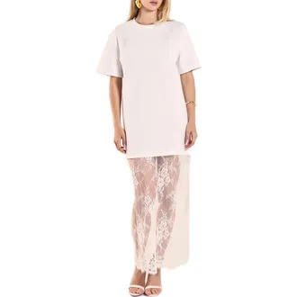 endless rose Mixed Media Cotton Knit & Lace T-Shirt Dress in White at Nordstrom, Size Medium