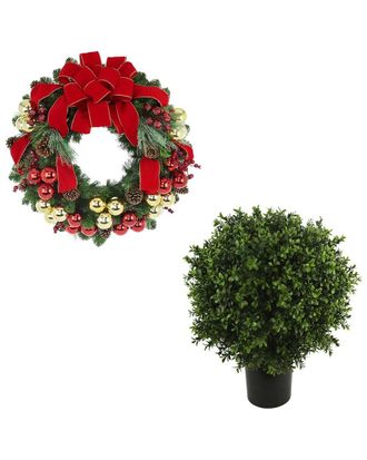 Creative Displays Inc. Modern Holiday Set With 26In Christmas Wreath & Uv-Rated Boxwood Drop-In