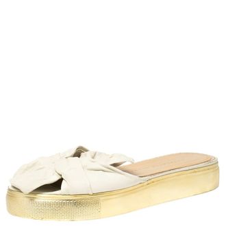 Charlotte Olympia White Leather Knotted Bow Slides
