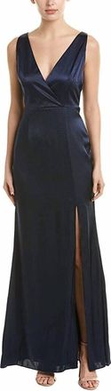 Adrianna Papell V Neck Satin Slit Gown In Midnight