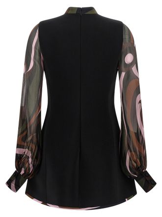 Emilio Pucci Creponne Sleeves with Marmo Motif Short Dress - Black