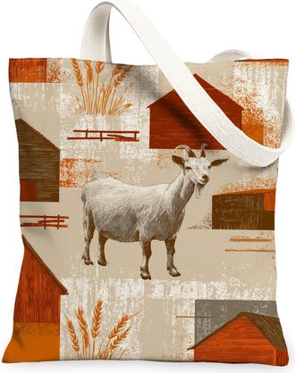 Generic Farm Animal Canvas Tote Bags, Rustic Goat Design Reusable Grocery Bags, Autumn Vintage Lightweight Washable Shoulder Strap, Beige, 13x15 Inch