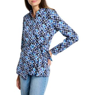 Nic+Zoe Baubles Side Tie Stretch Cotton Shirt in Blue Multi at Nordstrom Rack, Size X-Small