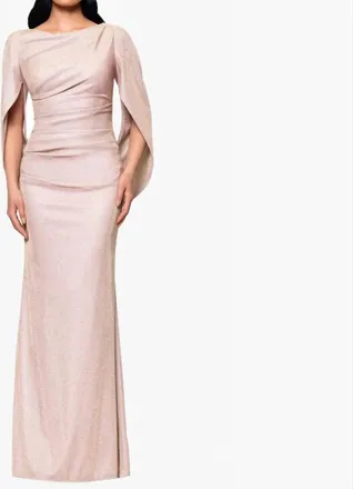 Betsy & Adam Gracie Metallic Glitter Draped Gown In White/ Pink/ Gold