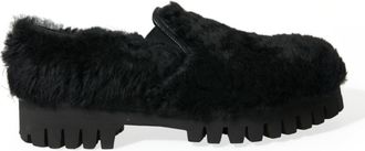 Dolce & Gabbana Black Fur Leather Slippers Dress Mens Shoes