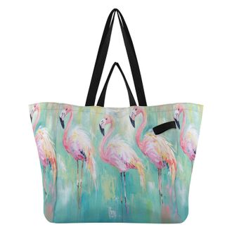 Generic Flamingo Turquoise pattern Reusable Canvas Tote Bag, Heavy Duty Grocery Shopping Bag with Double Handles Large Capacity Hard Bottom Work Groceries Tra