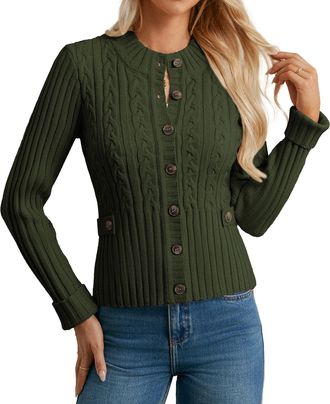 Grace Karin Slim Fit Chunky Knit Cardigans for Women UK, Crewneck Stand Collar Winter Jackets Elegant, Business Work Blazer Sweater Tops Army Green M