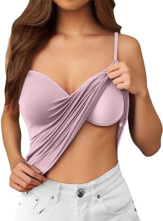 Generic Vest Tops Women UK with Adjustable Spaghetti Vest Top with Built in Bra UK Breathable Basic Camisole Vests V Neck Stretchy Soft Underwear Solid Push U