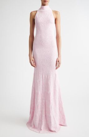 St. John Floral Jacquard Turtleneck Trumpet Gown in Peony /Light Pink Multi at Nordstrom, Size X-Large