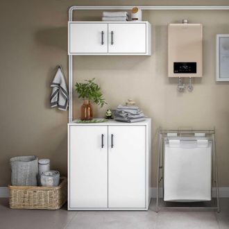 Dmora Juego De Muebles Para Lavander&iacute;a Masino, Set De Almacenamiento 2 Compartimentos, Puerta Abatible, 4 Puertas, Blanco