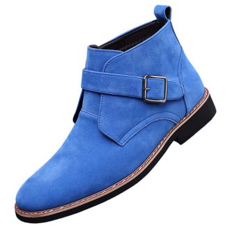 Generic Mens Suede Mid Top Ankle Boots with Monk Buckle Strap Classic Round Toe Non-Slip Block Heel Chukka Booties Wedding Office Dress Short Boots (Blue,12.5