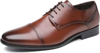 Generic Formal Shoes Dress Oxford for Men Lace Up Burnished Toe Cap Toe Derby Shoes Vegan Leather Slip Resistant Low Top Rubber Sole Anti-Slip Non Slip(Brown,