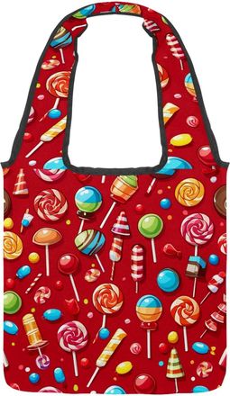 Generic Red Candy Pattern Reversible Canvas Shoulder Tote - Double-Sided Print, 12oz Cotton, 27cm Drop, Fold-Flat Bag for Travel, Shopping, Street Outings