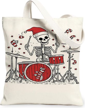 Generic Christmas Skeleton Drummer Canvas Tote Bags, Festive Holiday Design Reusable Grocery Bags, Lightweight Washable Shoulder St, White, 13x15 Inch