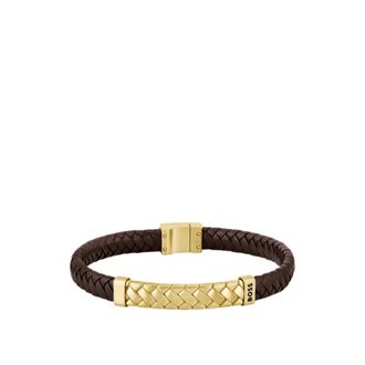 BOSS Herringbone-design cuff in brown leather