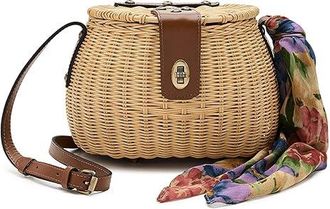 Patricia Nash Duronia Basket with French Hydrangeas Scarf Cross Body Womens Handbags Natural, Full Grain leather/Leather/Rattan