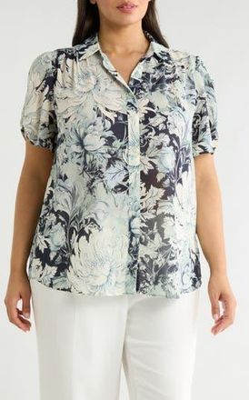 Adrianna Papell Scrunched Short Sleeve Button-Up Shirt in Soft Cloud Vintage Floral at Nordstrom Rack, Size 1X