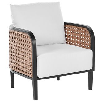 Beliani Sill&oacute;n De Jard&iacute;n Exterior Metal De Aluminio Con Cojines Gruesos Blanco Crema Impermeable Respaldo Trenza Vienesa Rat&aacute;n Sint&eacute;tico Montefalco